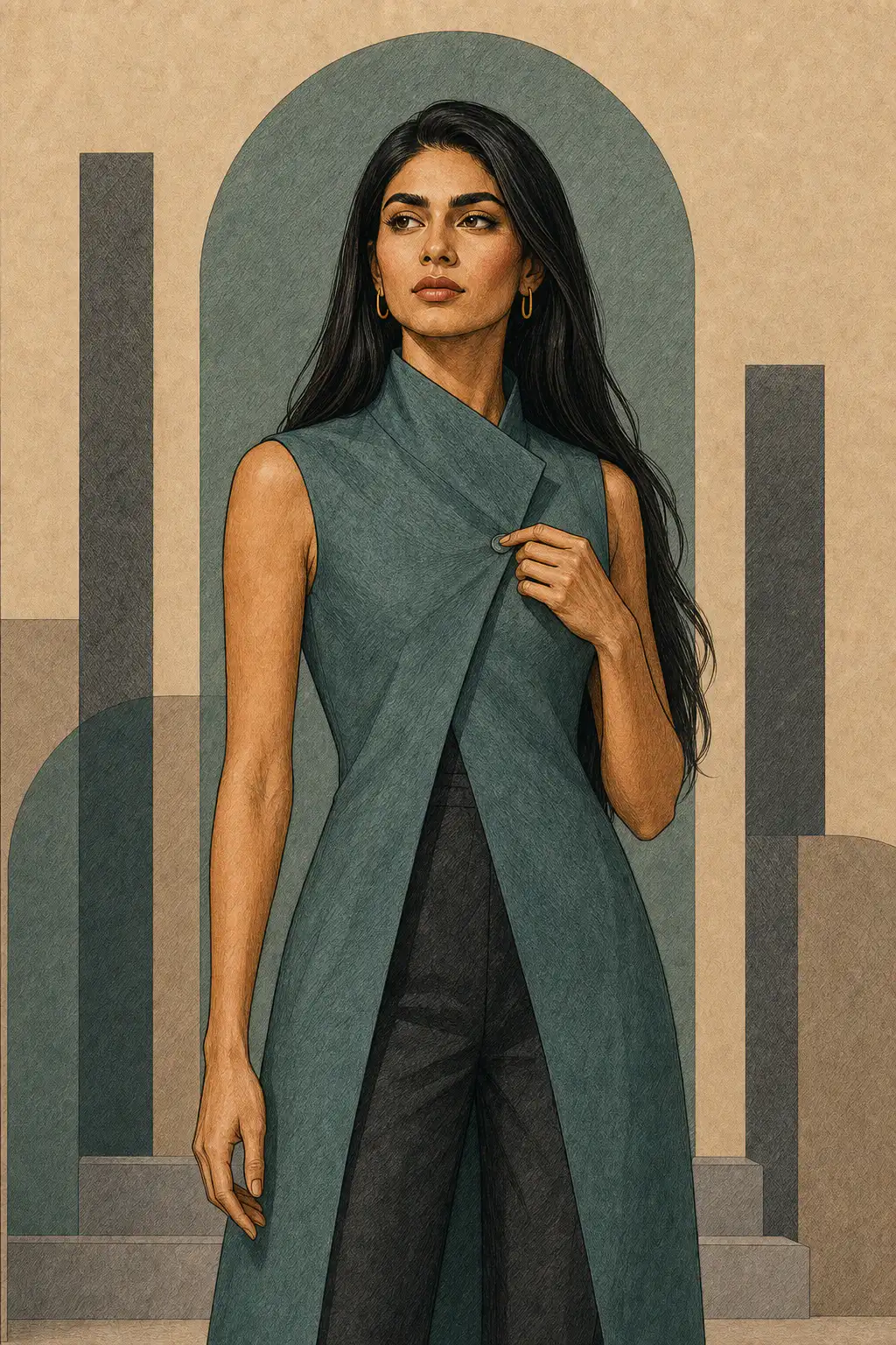 Dramatic Classic editorial illustration of a woman with long straight dark hair wearing a sleeveless teal tunic over black trousers
