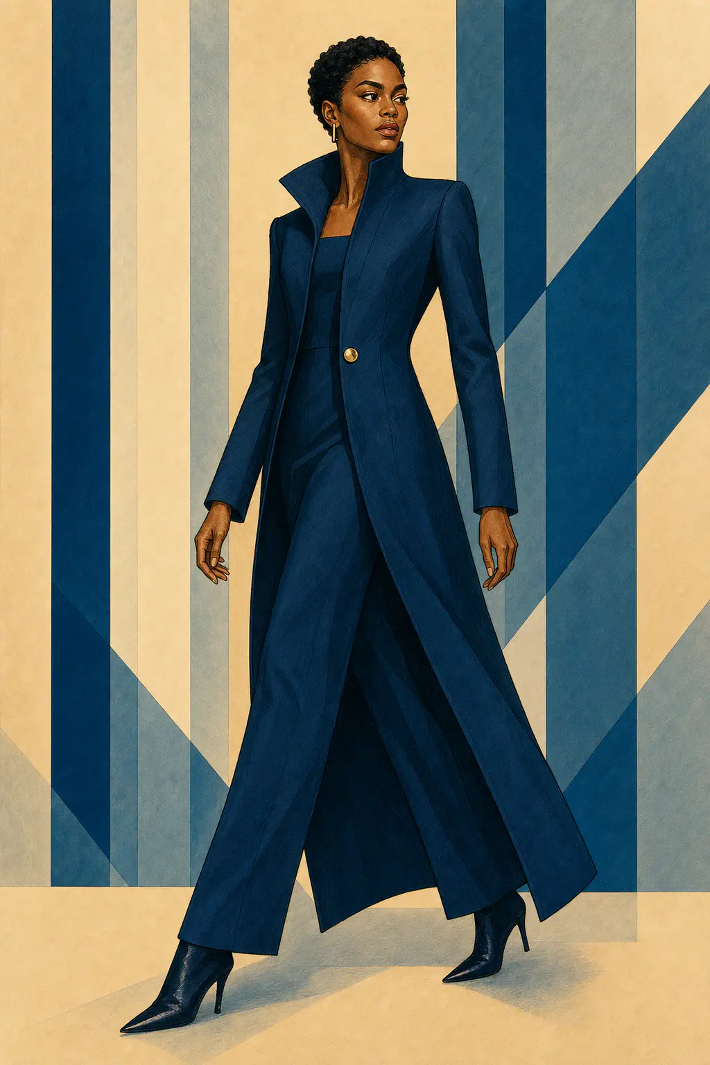 Dramatic editorial illustration of a woman with short natural hair striding in a long blue coat, blue trousers, and pointed boots