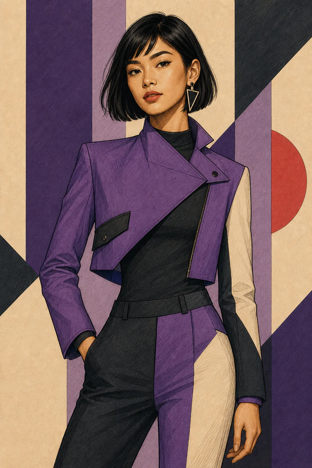 Flamboyant Gamine editorial illustration of a woman with a sharp black bob wearing a cropped purple jacket with black and cream trousers