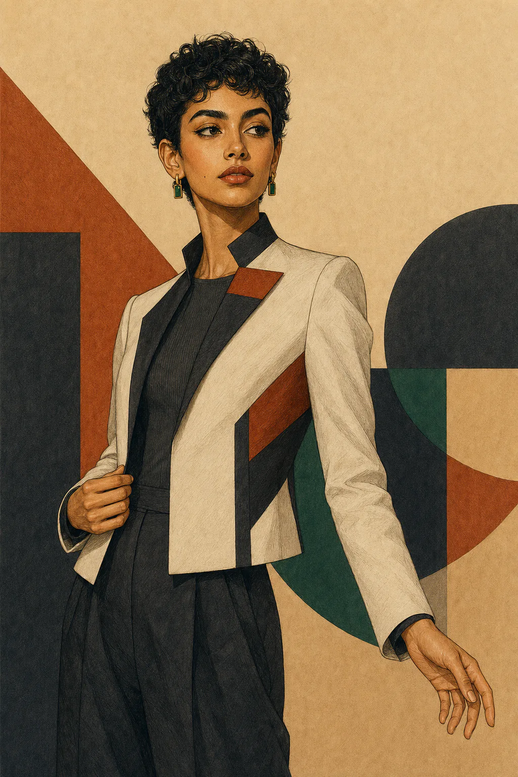 Gamine editorial illustration of a woman with short dark curls holding the lapel of a geometric cream jacket over a black outfit