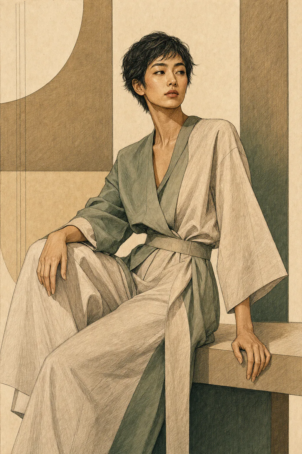 Natural editorial illustration of a seated woman with short dark hair wearing a loose gray wrap top and matching trousers