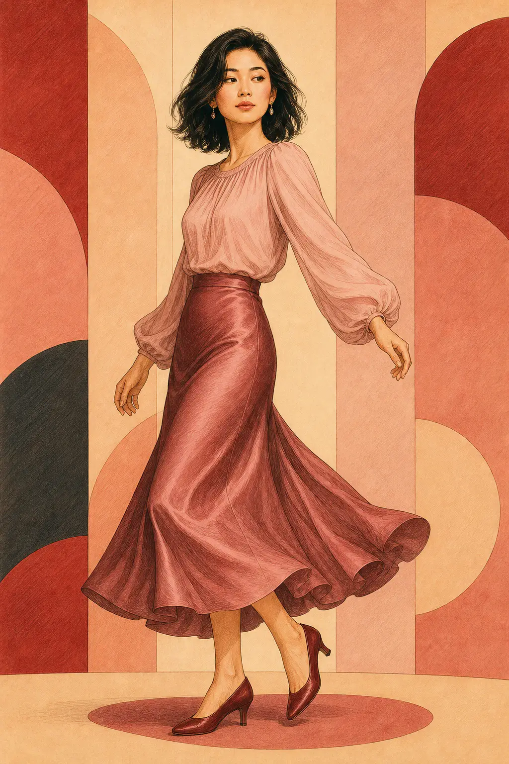 Romantic editorial illustration of a woman with short dark waves stepping forward in a pale rose blouse and lustrous rose skirt