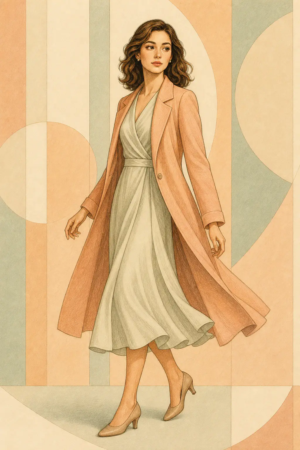 Soft Classic editorial illustration of a woman with short auburn curls walking in a peach coat over a pale green wrap dress