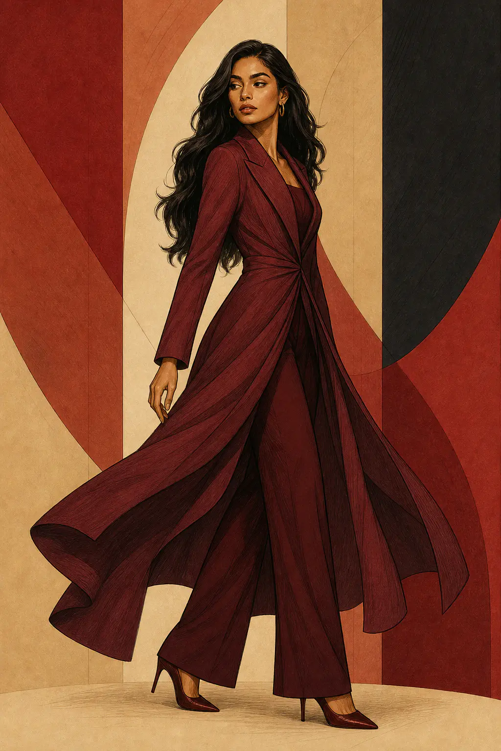 Soft Dramatic editorial illustration of a woman with long wavy dark hair turning in a burgundy wrap coat over matching wide trousers