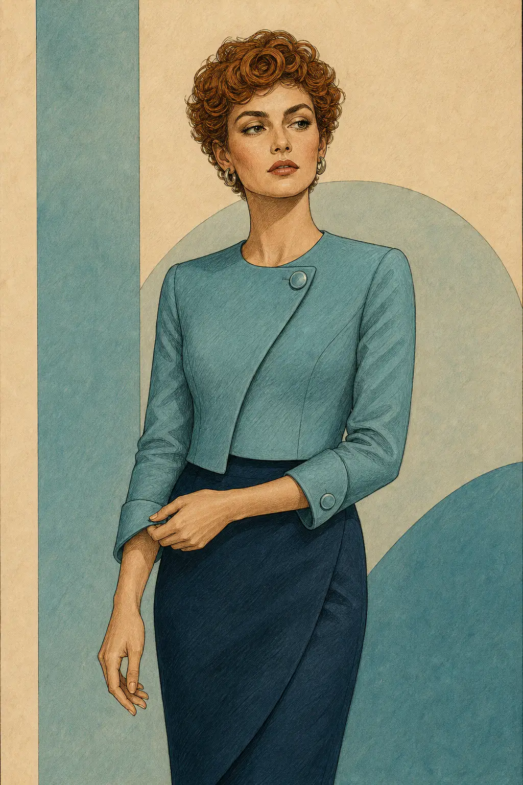 Soft Gamine editorial illustration of a woman with short auburn curls wearing a cropped teal jacket and fitted navy skirt