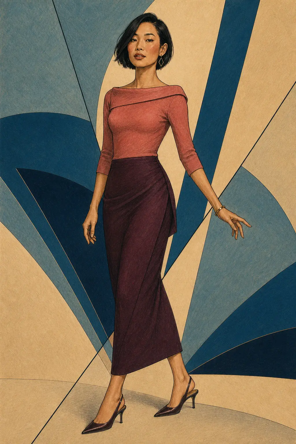 Theatrical Romantic editorial illustration of a woman with short dark waves walking in a fitted plum outfit with a sculpted rose wrap top